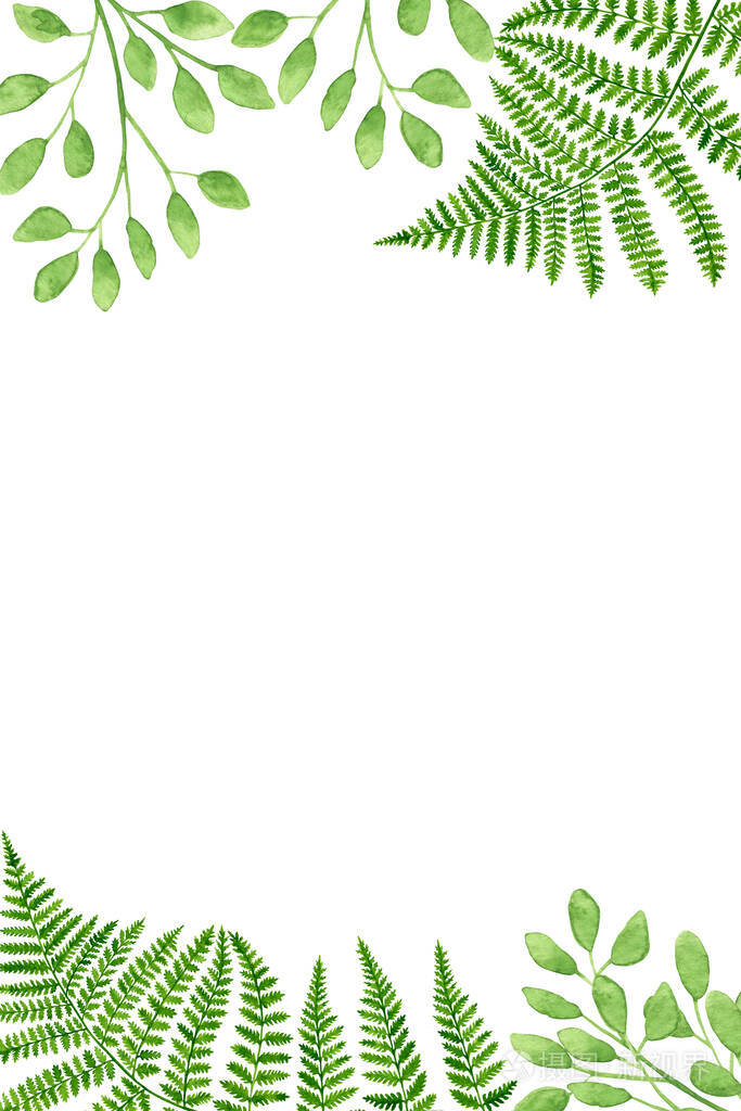 水彩蕨菜叶框手绘森林植物模板与空间为邀请婚礼卡片保存日期横幅