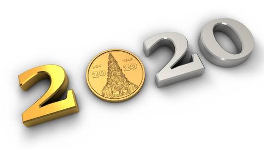 金零2020年新年的3d图像,由数字和一枚金币组成,而不是零.