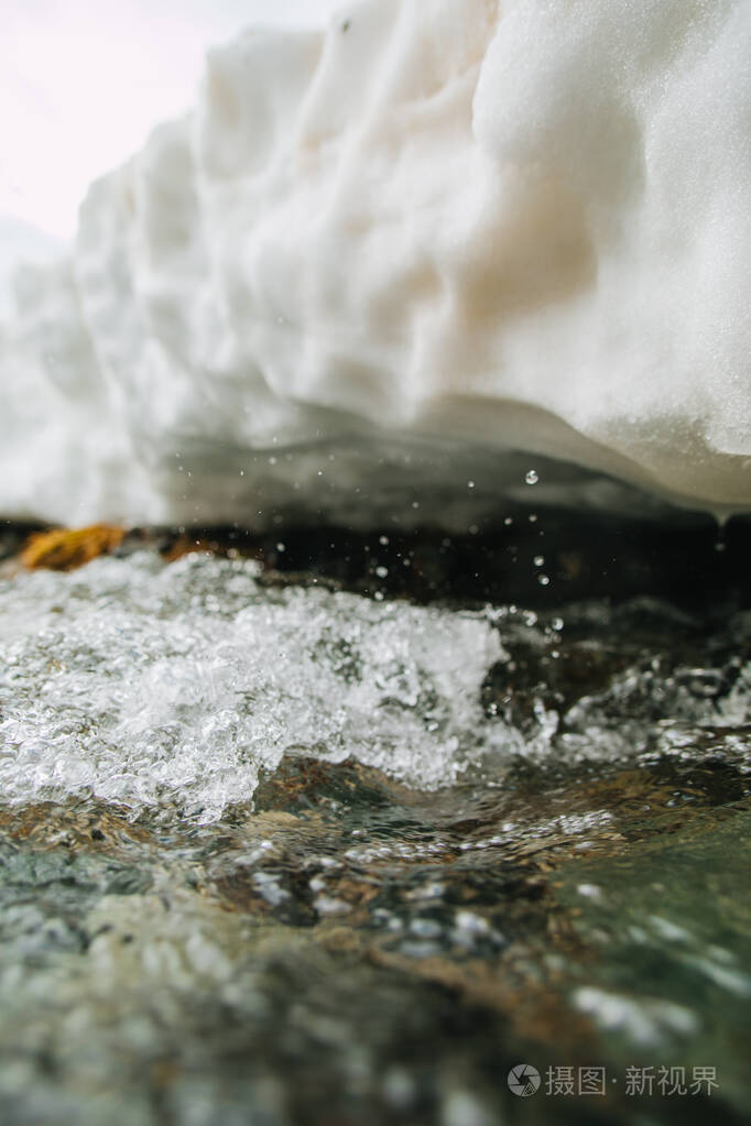 细看河流中冰下的水雪正在从山上融化在小溪里流淌