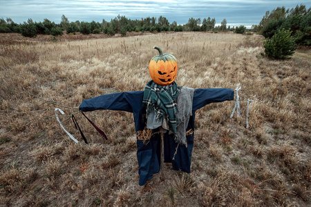 在多云的天气里一个带着万圣节南瓜头的吓人的稻草人万圣节背景复制