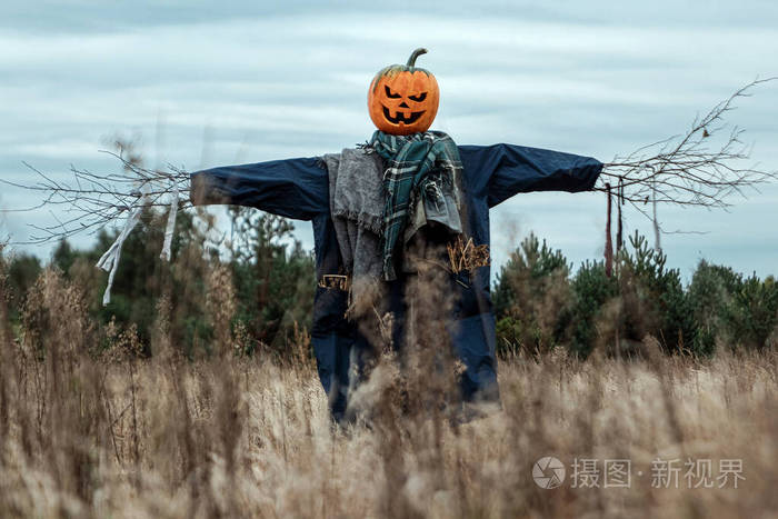 在多云的天气里一个带着万圣节南瓜头的吓人的稻草人万圣节背景复制