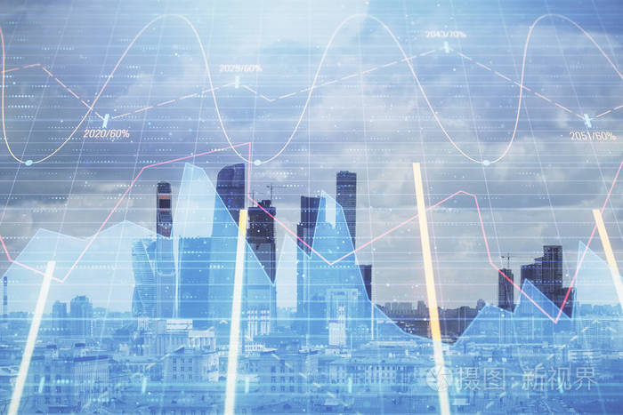 商业区背景下的金融图表双重曝光股票市场研究与分析的概念