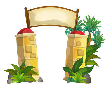 卡通场景,石柱入口,丛林植物和标志,白色背景,儿童插图装饰性城市公园