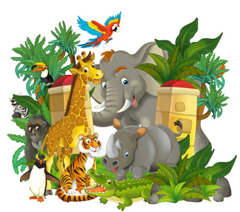 入口附近有不同动物的卡通动物园场景-游乐园-儿童插图照片