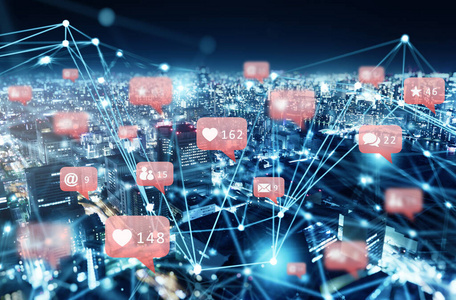 葛坑镇信息网具有社交网络图标,心脏,信息,电子邮件的城市的互联网