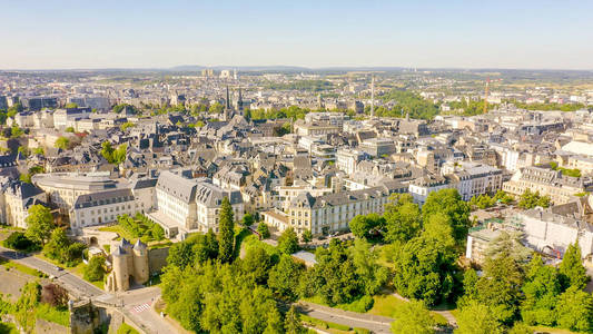 luxembourg, historical city center in the morning, aerial view