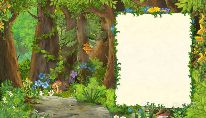 森林中的草地卡通夏季场景带有儿童文本插图的框架