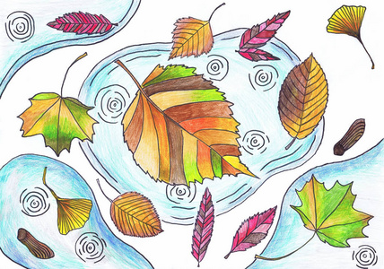 把秋叶印在水坑上.儿童绘画,混合媒体照片