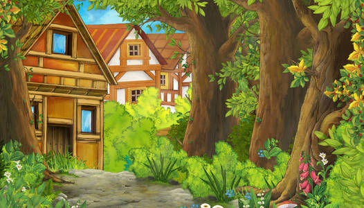 风景现场场景卡通夏季场景,带有通往农场村庄的道路,带文本框架-现场