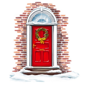 圣诞家居装饰,冬季门上的圣诞花环,白色背景上独立画有水彩画的艺术