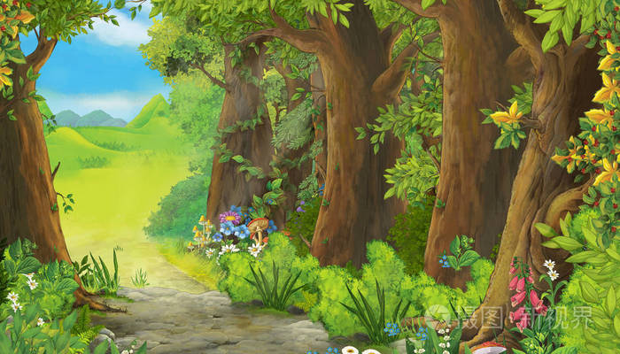 森林中的草地卡通夏季场景儿童插图