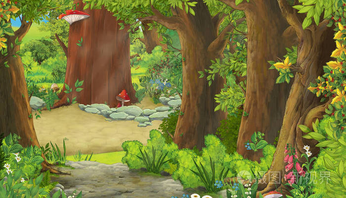 卡通夏季场景与路径在森林无人在现场儿童插图