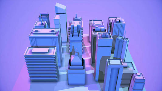 紫色背景下的城市区域的抽象数字三维模型和摩天大楼.动画.