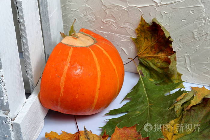 半个桔黄色的南瓜躺在白色的表面上.附近有一盒白漆木板.