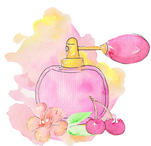 樱桃海报设计香水在一个透明的粉红色玻璃罐里,在水彩画的背景上有