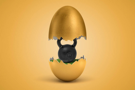 3d渲染的金蛋裂成两半,上半部分悬浮在空中,黑色的24公斤重的壶铃在下