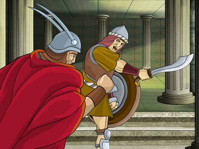 卡通场景罗马或希腊战士古文字附近的一些古代建筑,如寺庙插图儿童