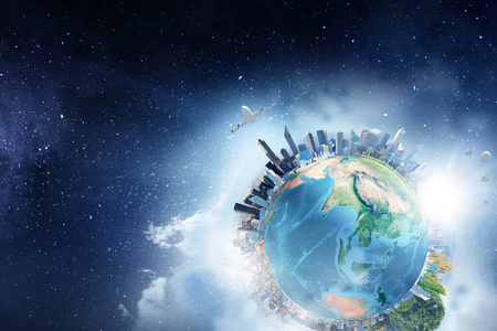 天空和空间背景上有城市天际线的地球行星照片