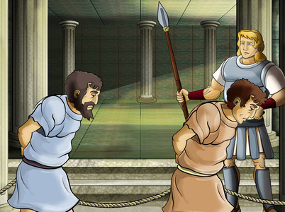 罗马奴隶烙印卡通场景罗马或希腊战士-古代人物附近的一些古代建筑,如