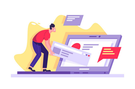 平男青年拿着笔记本电脑在工地上拖拉工作成果.照片