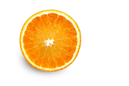平放圆形切片,多汁,鲜美,美味,成熟,新鲜的橘子水果,白色背景下的文本