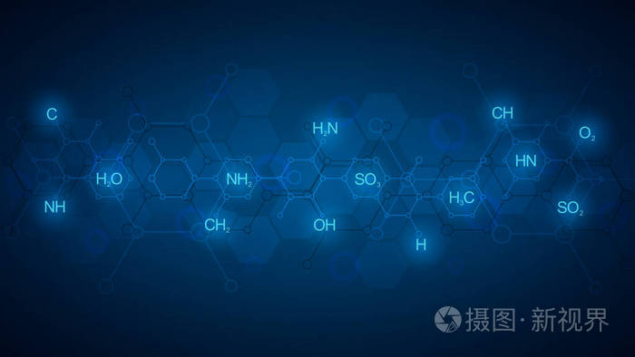 抽象深蓝色背景下的化学模式化学式和分子结构具有科技创新理念的模板
