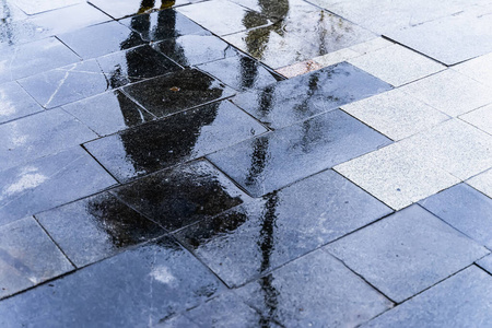 模糊的倒影一个女人在雨中的影子在步行城市的雨中行走在潮湿的街道上