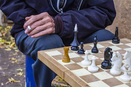 两位智者吸烟的老人在深秋下棋照片