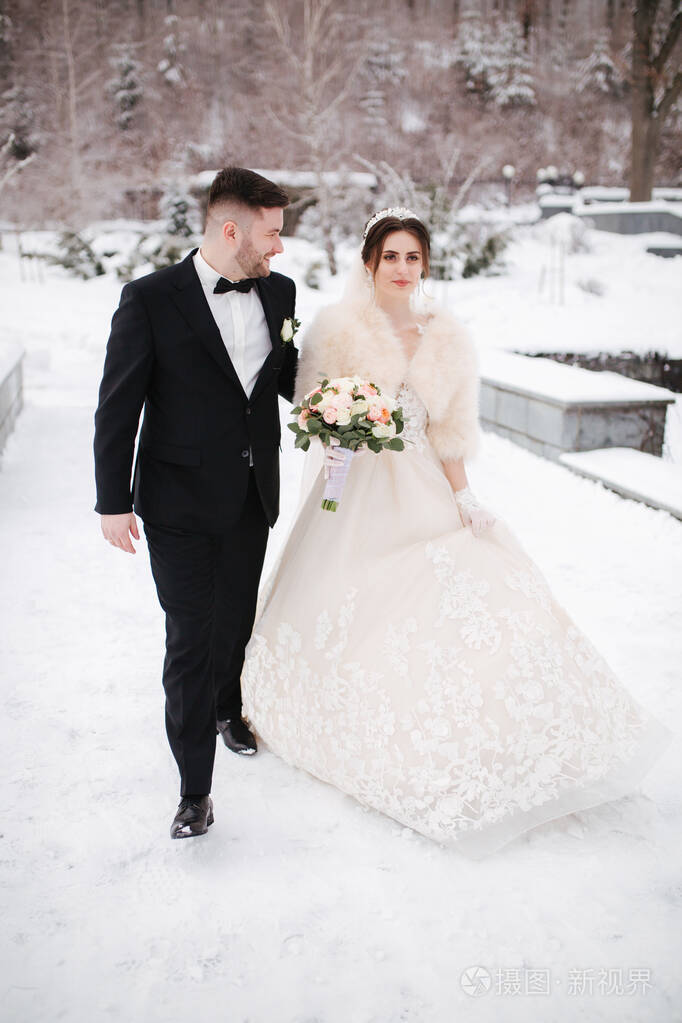 美丽的新郎和美丽的新娘被雪包围.冬季婚礼