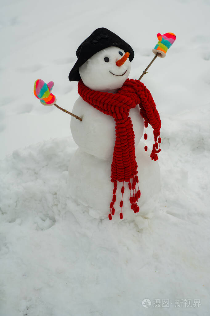 戴着围巾和帽子的雪人.雪人和雪天.雪人站在冬天的帽子和围巾红鼻子.
