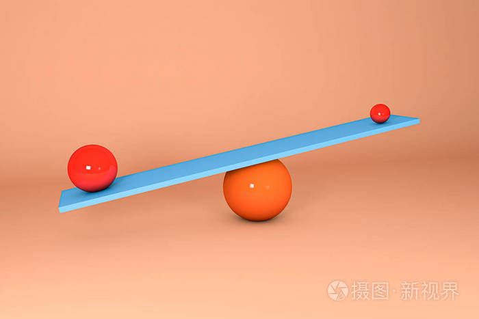 3d插图在跷跷板上平衡的球体平衡概念