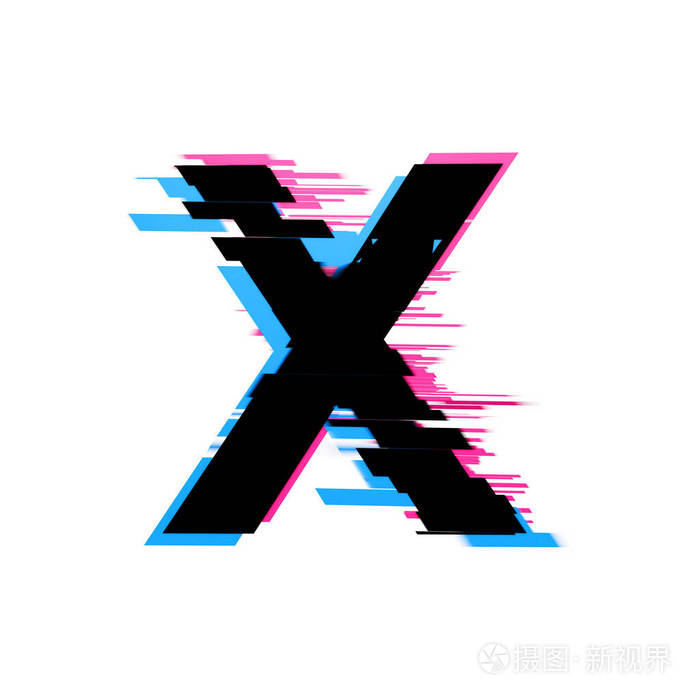 字母x扭曲霓虹灯故障效果文本字体三维渲染