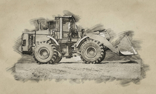 反铲装载机或推土机-挖掘机在施工现场或沙坑作业的示意图照片