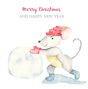 水彩画圣诞快乐可爱的雪鼠图片