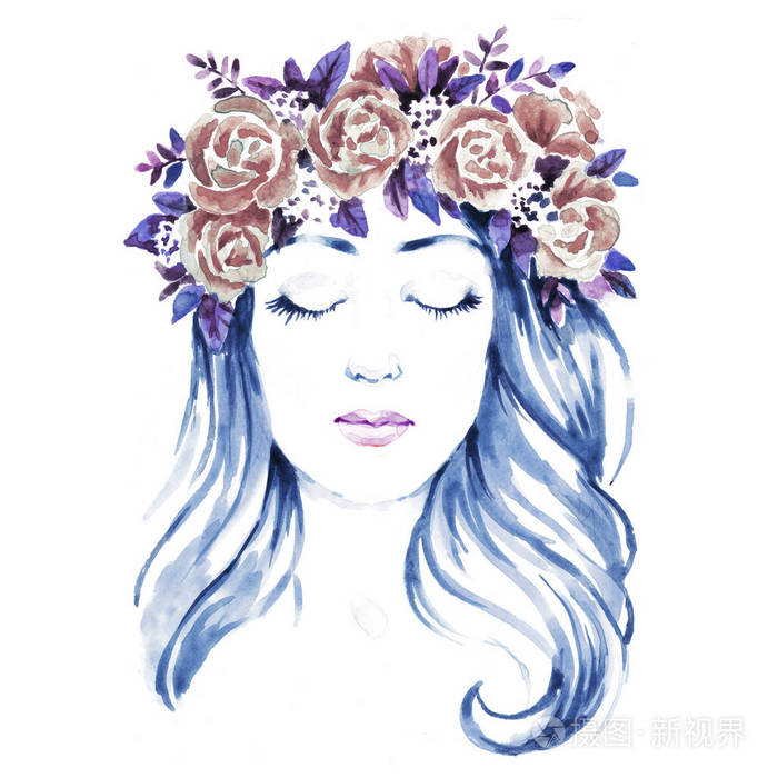 戴花环的女孩手绘水彩画插图