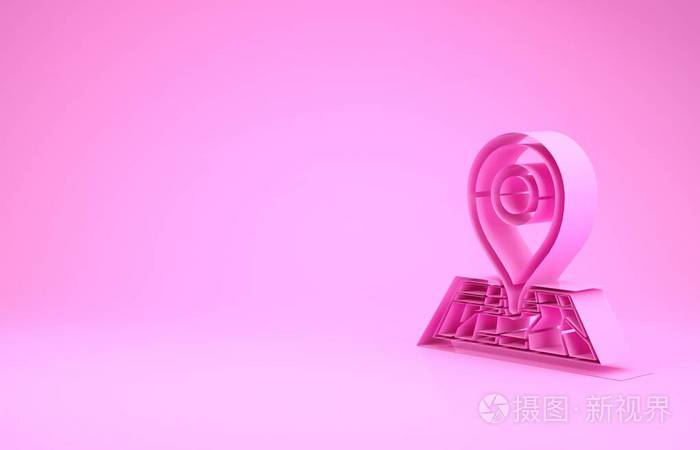 粉红色占位符在地图纸上透视图标隔离在粉红色背景上.极简主义概念.