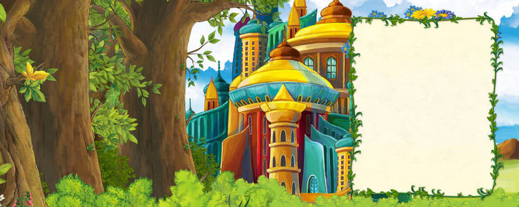 卡通场景与王国城堡和山谷和熊站立插图为儿童森林附近山谷的卡通场景