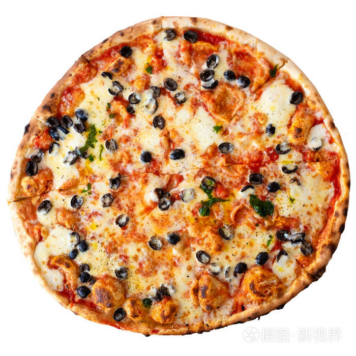 Large margherita pizza with black olives isolated on white from 