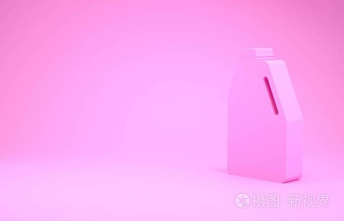 粉红色家用化学品空白塑料瓶图标隔离在粉红色背景上。液体洗涤剂或肥皂去污剂洗衣粉。极简主义概念。三维插图三维渲染