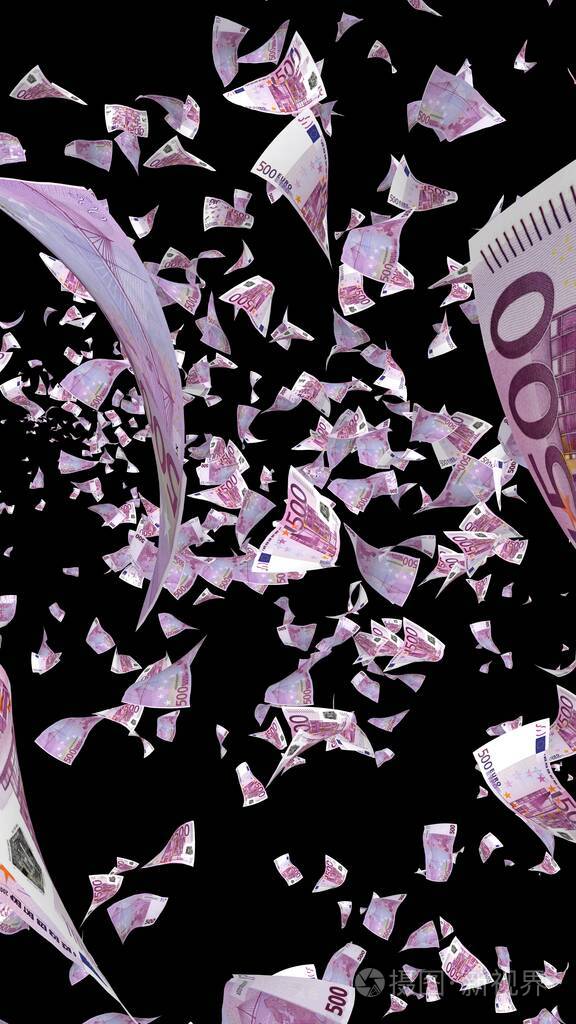 黑色背景下孤立的飞扬欧元钞票钱在天上飞500欧元的颜色三维插图