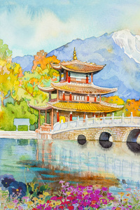 水彩画地标黑龙潭.照片