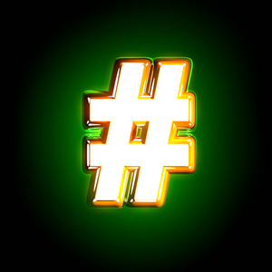 白磨光亮黄和白创意发光绿字体-数字标志孤立在黑色,三维插图符号照片