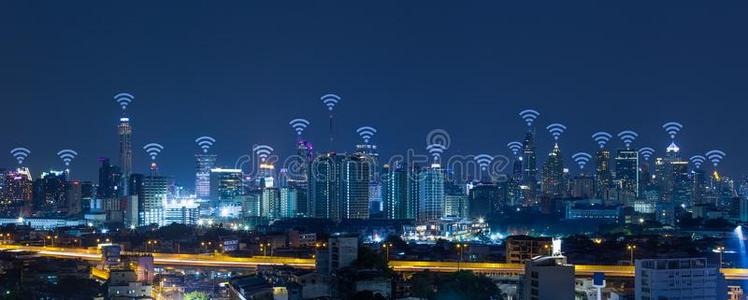 全景画城市风光照片和WirelessFidelity基于IEEE802.11b标准的无线局域网网连接观念