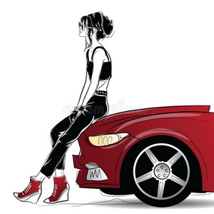 时尚女人采用草图方式在近处指已提到的人红色的汽车.