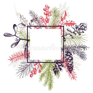 矢量框架和手疲惫的圣诞节植物