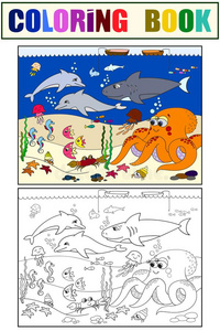 海底和海的动物.矢量色彩为小孩,漫画.