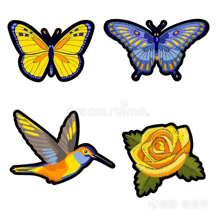 玫瑰,蜂鸟和蝴蝶刺绣补丁放置