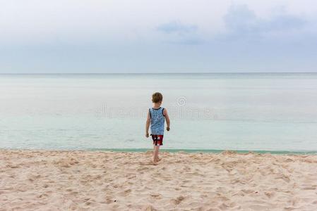 男孩向指已提到的人海滩