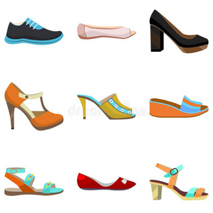女人鞋子放置.富有色彩的鞋子采用漫画方式为横幅和