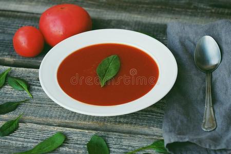 美味的寒冷的番茄汤和草本植物向指已提到的人表